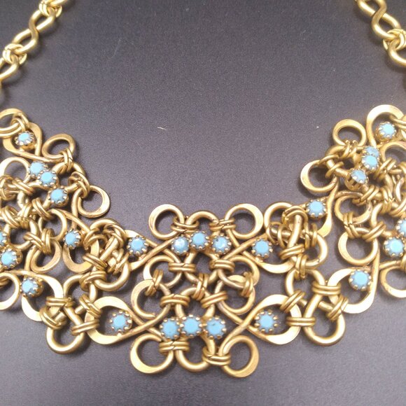 Gold Tone Choker Collar Necklace with Blue rhinestones - Picture 2 of 4